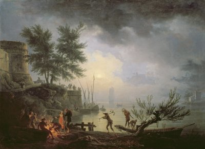 Zonsopgang, een kustscène met figuren rond een vuur, 1760 door Claude Joseph Vernet